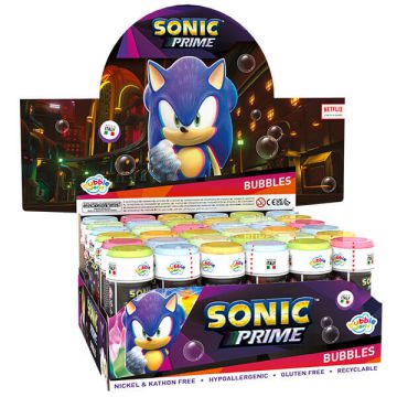 Bolle di sapone Sonic con flaconi decorati a tema videogioco, ideali per feste ed eventi dinamici.