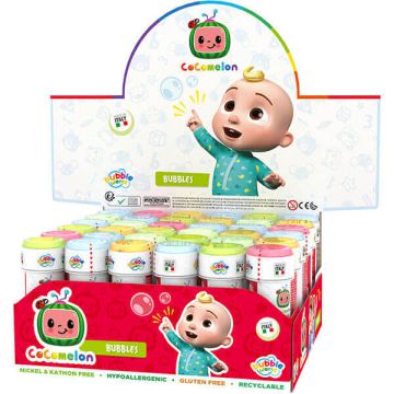 Bolle di sapone Cocomelon con grafica colorata, ideali per piccoli party, asili nido ed eventi per l'infanzia.