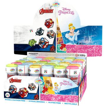 Bolle di sapone miste con grafiche Avengers e Principesse, perfette per feste condivise tra bimbi e bimbe.