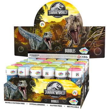Bolle di sapone Jurassic World con flaconi illustrati a tema dinosauri, perfette per feste avventurose.