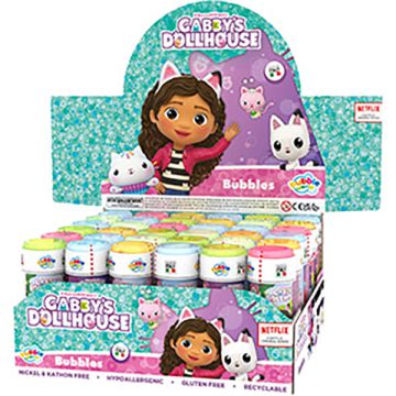 Bolle di sapone Gabby's Dollhouse con grafica vivace, pensate per intrattenere i più piccoli durante le feste.