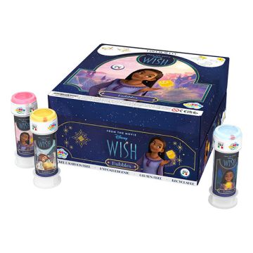 Bolle di sapone Disney Wish con grafiche ispirate al film, ideali per momenti magici durante eventi e compleanni.