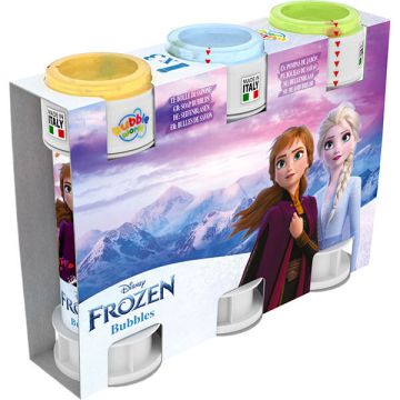 Bolle di sapone Frozen in confezione da 3, con grafiche ispirate al film Disney, ideali per feste invernali.