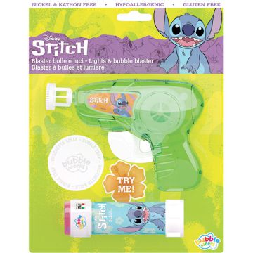 Pistola sparabolle Stitch Disney con flacone incluso, perfetta per scatenare il divertimento nelle feste.