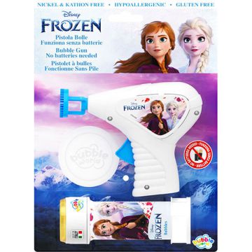 Pistola sparabolle Frozen in blister con flacone incluso, perfetta per giochi invernali e animazioni tematiche.