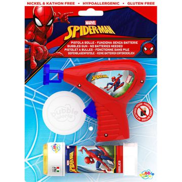 Pistola sparabolle Spiderman Marvel, in blister con flacone da 60ml, pensata per piccoli eroi in azione.