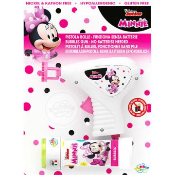 Pistola sparabolle Minnie in blister, con design elegante e flacone incluso, perfetta per bambine e feste chic.