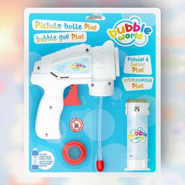 Pistola bolle modello Plus con getto potenziato, pensata per un divertimento continuo in giardino o in spiaggia.