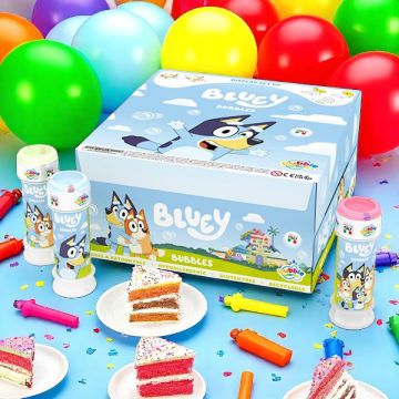 Bolle di sapone Bluey con flaconi a tema serie animata, ideali per party giocosi e compleanni in allegria.