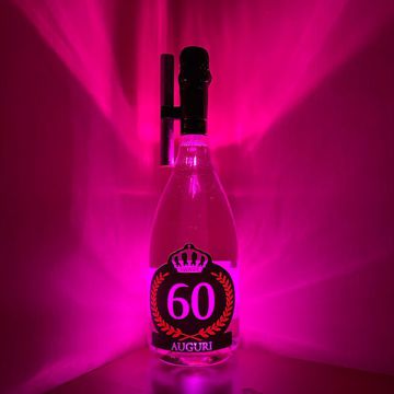 Bottiglia Luminosa Rosa 60 Anni con Fontana e Clip Elegante