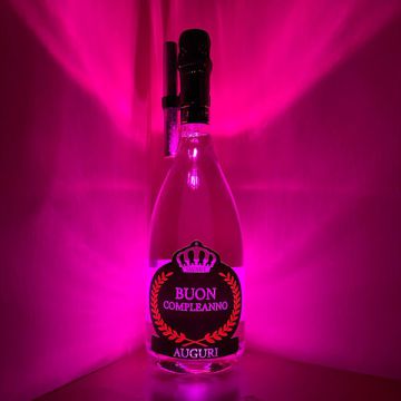 Bottiglia Luminosa Rosa “Buon Compleanno” con Fontana e Clip