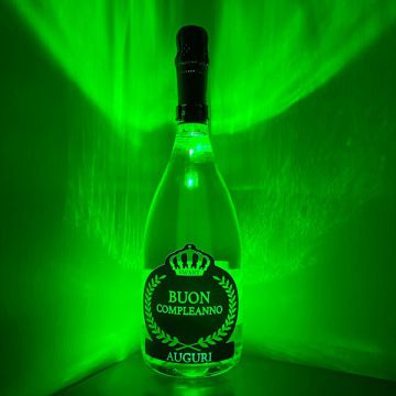 Bottiglia Luminosa Verde “Buon Compleanno” con Clip e Fontana