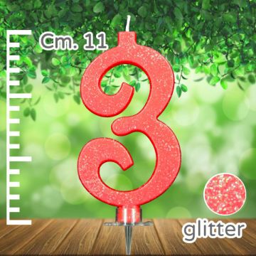 CANDELINA NUMERO 3 ROSSA GLITTER PZ.1