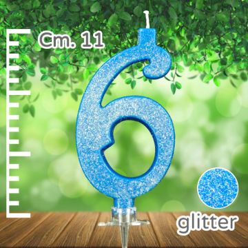 CANDELINA NUMERO 6 AZZURRA GLITTER PZ.1