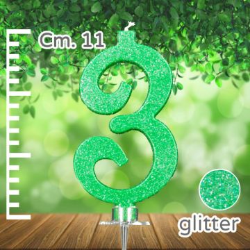 CANDELINA NUMERO 3 VERDE GLITTER PZ.1