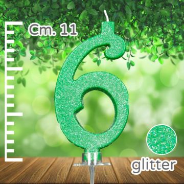 CANDELINA NUMERO 6 VERDE GLITTER PZ.1