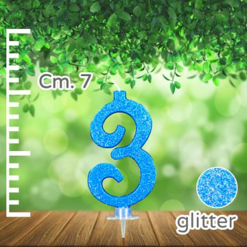 CANDELINA NUMERO 3 AZZURRA GLITTER PZ.1