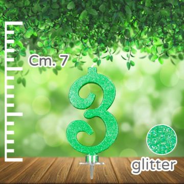 CANDELINA NUMERO 3 VERDE GLITTER PZ.1