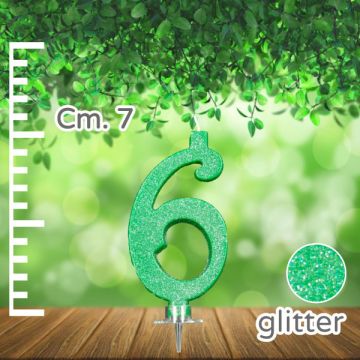 CANDELINA NUMERO 6 VERDE GLITTER PZ.1