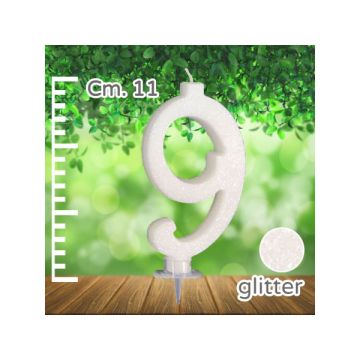 CANDELINA NUMERO 9 BIANCA GLITTER PZ.1