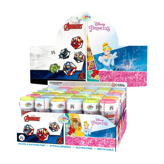 Bolle di sapone miste con grafiche Avengers e Principesse, perfette per feste condivise tra bimbi e bimbe. main product photo