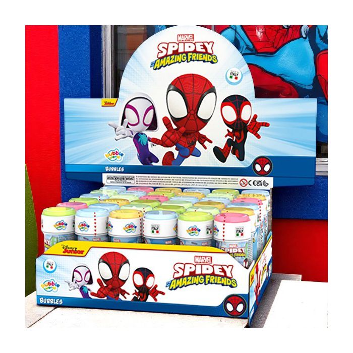 Bolle di sapone Spidey Marvel, flaconcini con grafiche supereroistiche, ideali per animare ogni party per bambini. main product photo