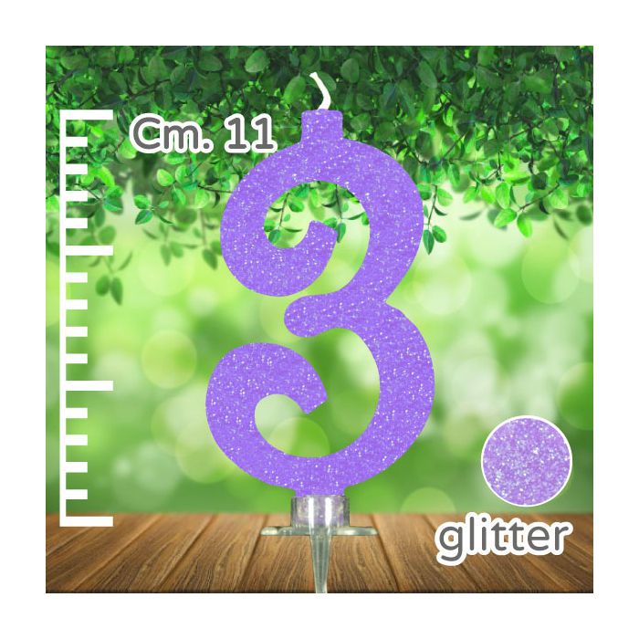 Candelina Numero 3 Lilla Glitter Pz.1 Candela Cm.11 - Supporto Cm.2.5 main product photo
