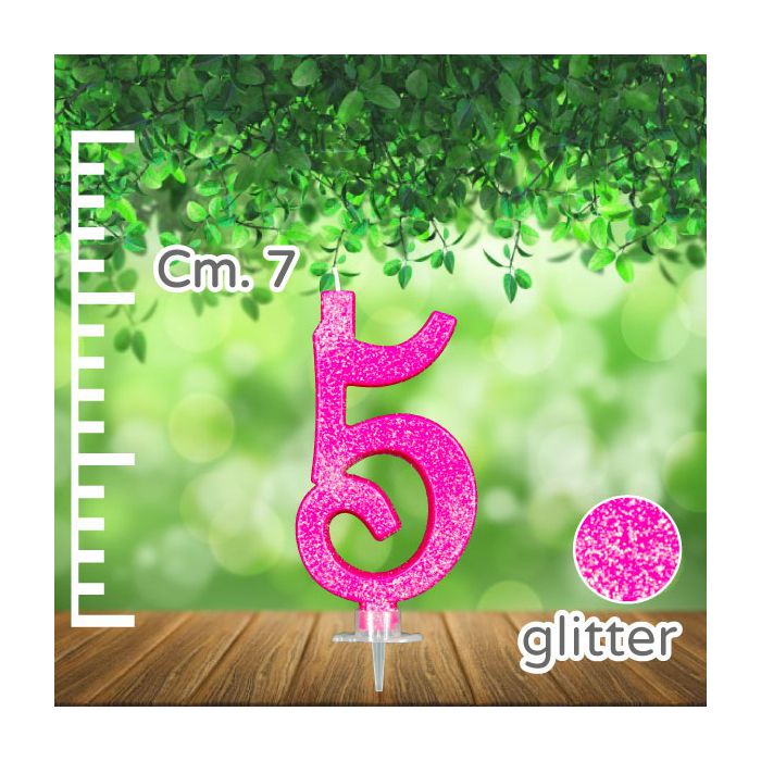 Candelina Numero 5 Fuxia Glitter Pz.1 Candela Cm.7 - Supporto Cm.1.5 main product photo