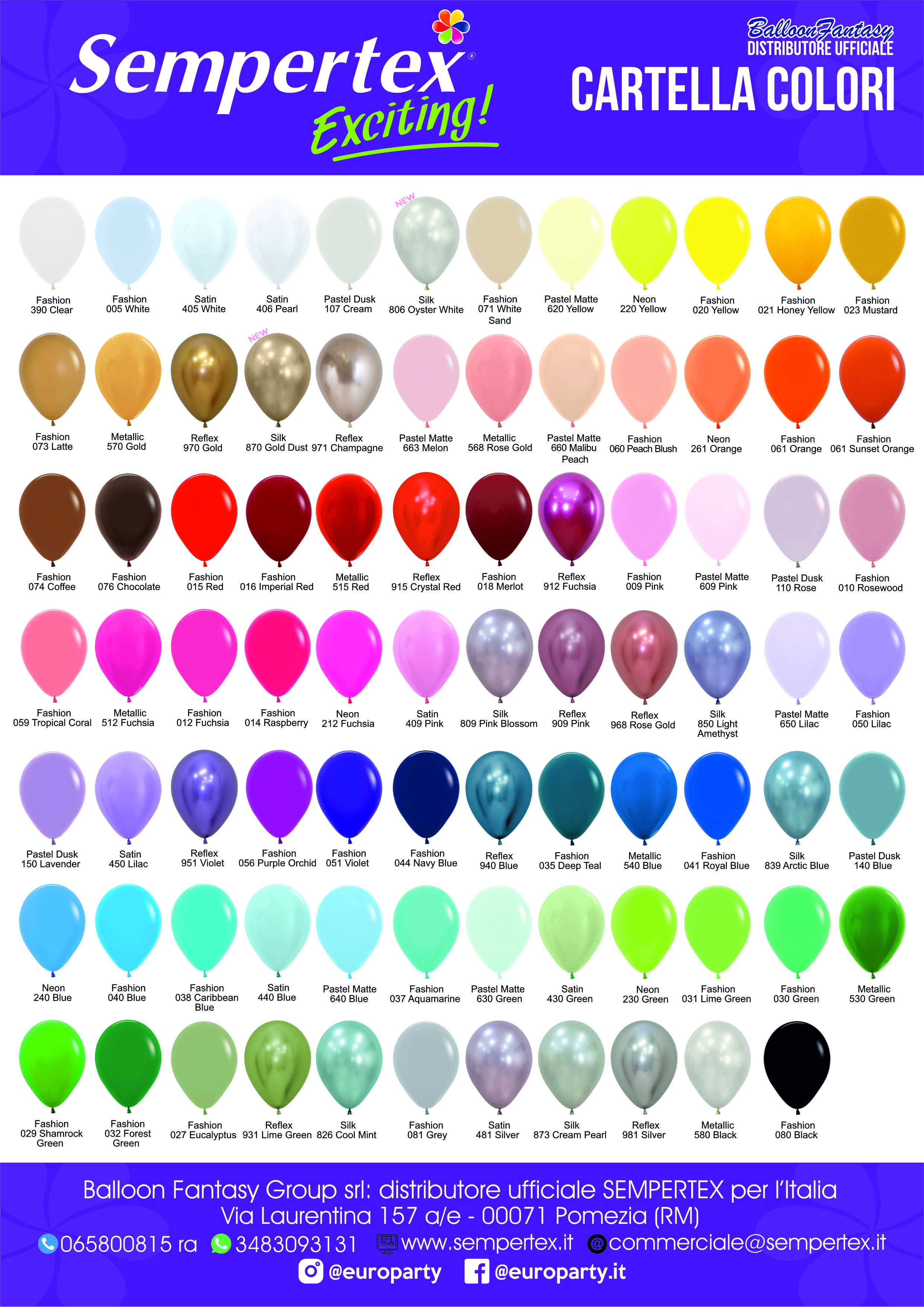 Gamma colori palloncini Sempertex: Fashion, Reflex, Silk, Neon e altri